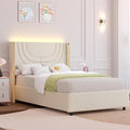 Twin Upholstered Bed Frame with LED Lights, Faux Leather Platform Bed Frame with Silver Wingback Headboard, Modern Style, No Box Spring Needed, Easy Assembly, Cream