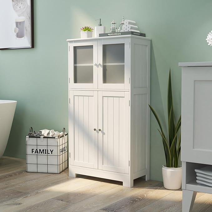 LOKO Bathroom Floor Cabinet, Storage Cabinet with Glass Doors, Wooden Kitchen Cupboard with Adjustable Shelf, Versatile Floor Storage Cabinet for Bathroom, Living Room & Kitchen (White)