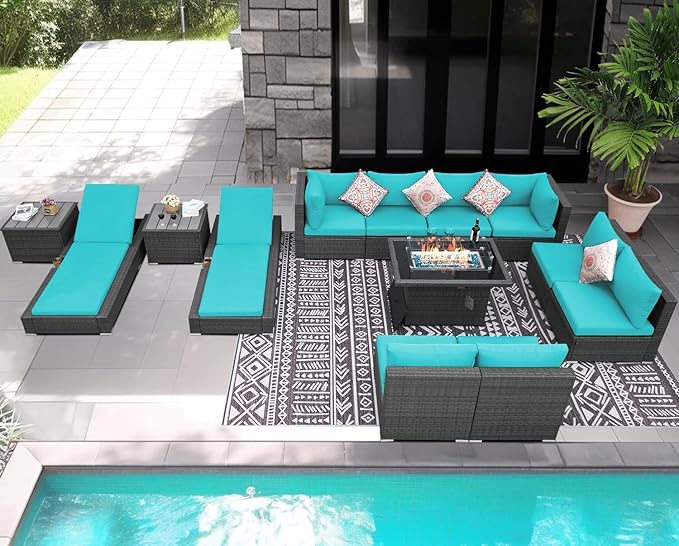 NICESOUL 13-Pieces Outdoor Patio Furniture Firepit Set, High-End Big Group Full Patio Set with Lounge Chairs, Weather-Resistant Wicker Backyard Pool Sofa and Chaise Comfy Deep Sitting, Grey&Turquoise