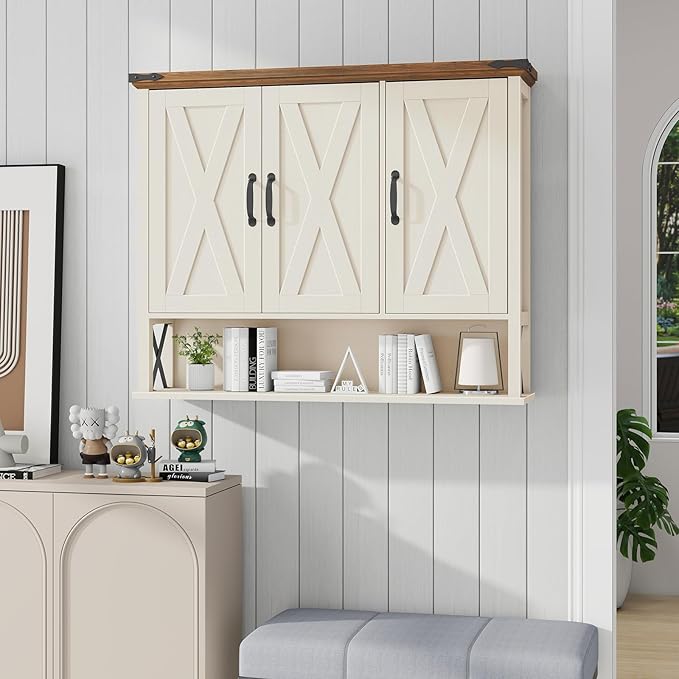 Bathroom Wall Cabinet, Farmhouse Medicine Cabinet with Adjustable Wood Shelf & 3 Doors, Over The Toilet Storage Cabinet for Wall Mounted for Bathroom Laundry Room Kitchen, White and Brown