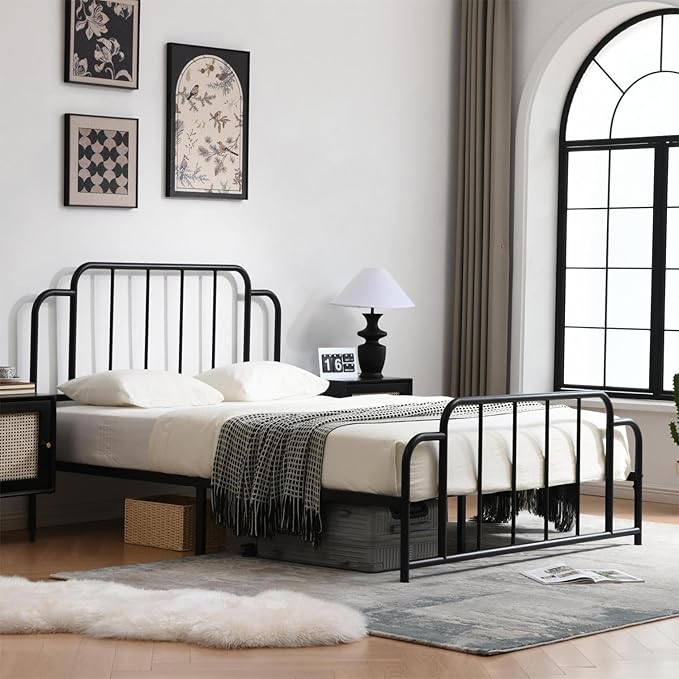 PINJU Metal Platform Bed Frame with Headboard and Footboard, Classic Style, Sturdy Metal Slats, No Box Spring Needed, Easy Installation (Black, Full)