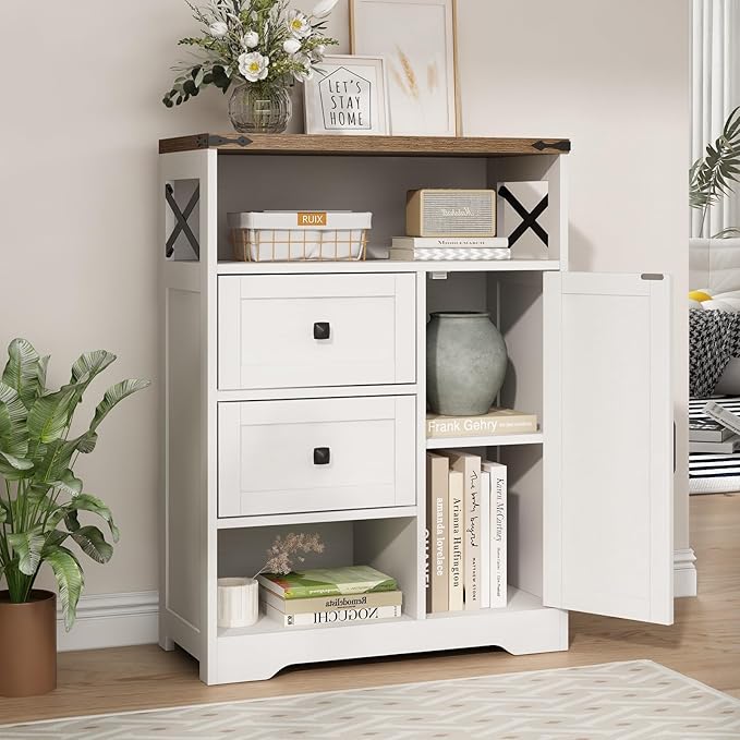 Fameill White Farmhouse Storage Cabinet with 2 Drawers & Shelves,Freestanding Kitchen Cabinet with Doors,Floor Storage Organization for Living Room,Bathroom,Laundry