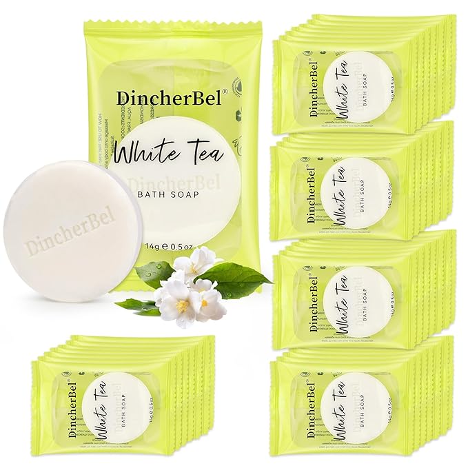 DincherBel 100 Pack 0.5oz Travel Soap, Mini Round Cleansing Bars Soap Bulk Travel Size, Individually Wrapped Toiletries Amenities for Hotel, Airbnb, Shelter, Camping and Traveling