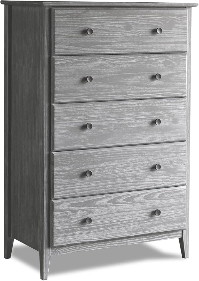Grain Wood Furniture Greenport 5-Drawer Chest, Solid Wood with Brushed Grey Finish