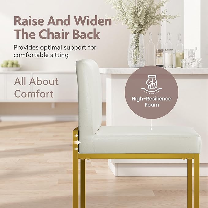 ALPHA HOME 24 Inch Bar Stools, Kitchen Counter Stools with Backs, PU Leather Barstools, White Bar Stools with Upholstered Footrest, Sturdy Chromed Metal Steel Frame, White