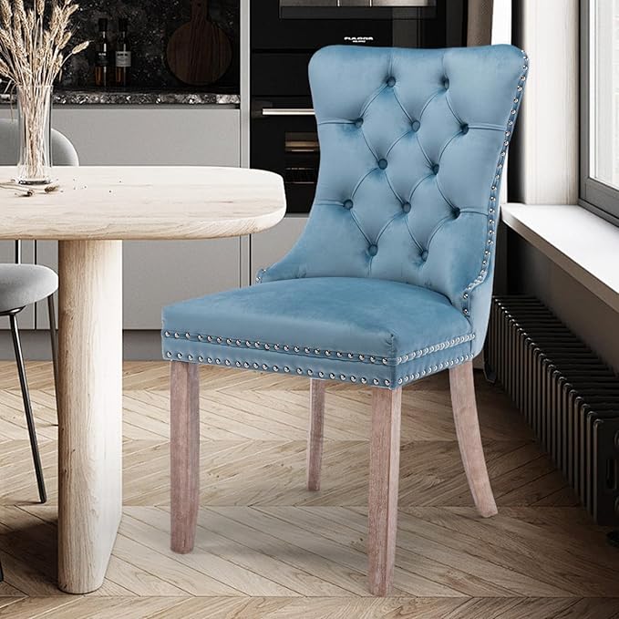 Velvet Upholstered Dining Chairs Set of 6, Modern Style Kitchen Side Chairs with Nailhead Trim and Wood Legs,Metal Pulling Ring for Dining Room Living Room(Sky Blue,Set of 6)
