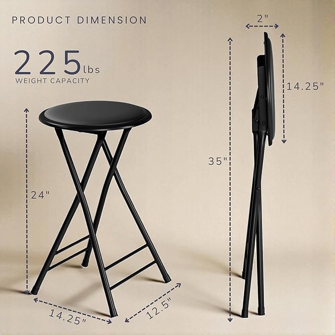 Lavish Home Set of 2 Counter Height Bar Stools – 24-Inch Backless Folding Chairs with 225lb Capacity for Kitchen, Rec Room, or Game Room (Black)