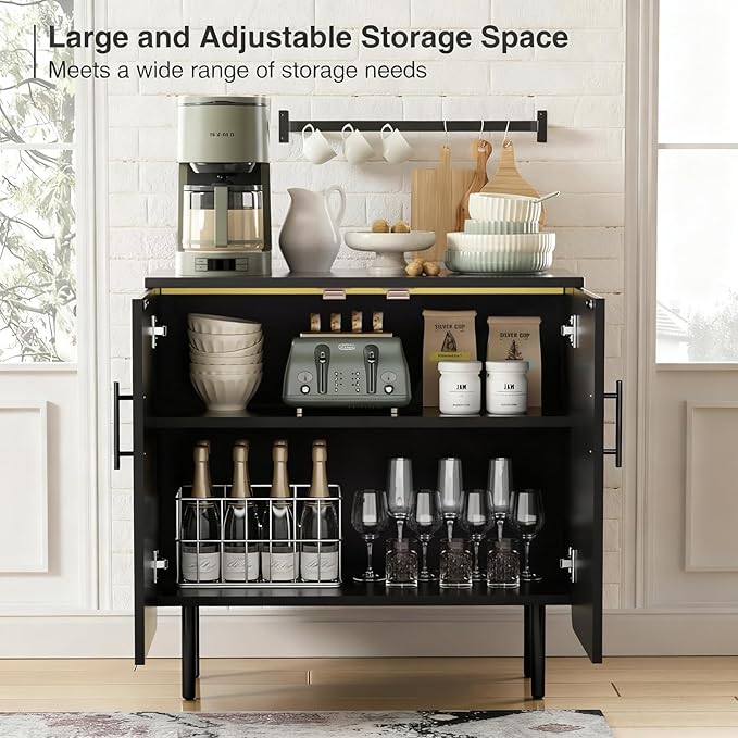 Modern Fluted Black Storage Cabinet with 2 Doors, Adjustable Shelves, and Metal Legs, Accent Buffet Sideboard for Living Room, Dining Room, Entryway (Black)