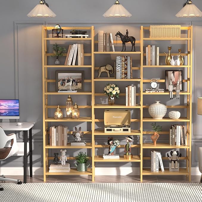 Homykic Bamboo Triple Wide Shallow Bookshelves and Bookcases, 6-Tier 6ft Tall Bookshelf with 17 Open Display Shelves, Large Freestanding Book Shelf for Home Office, Bedroom, Living Room, Natural