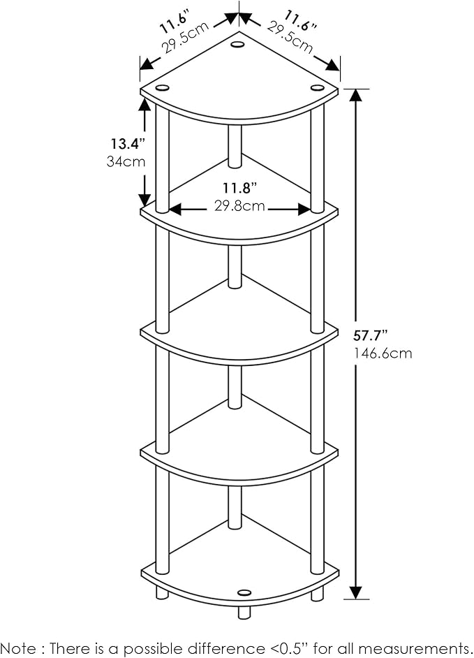 Furinno TURN-N-TUBE Corner Shelf Set of 2, 5-Tier Corner Bookshelf, Open Storage Shelves, for Organization and Storage, Living Room, Home Office, Garage, Columbia Walnut