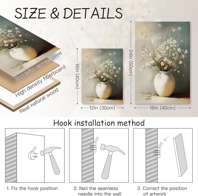 HLXRAE Framed White Floral Wall Art, Rustic Farmhouse Bathroom Wall Decor, Soft Neutral Wildflower Still Life Canvas Print, Minimalist Botanical Aesthetic Picture for Bedroom Laundry 16x24 Inch