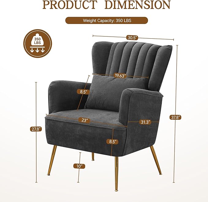 Fabric Accent Living Room Arm Chair Set of 2 Mid Century Modern Chairs with Pillow & Golden Legs, 8.5" Thick Cushion, Upholstered Comfy Sofa Armchair for Reading Room/Bedroom, Grey