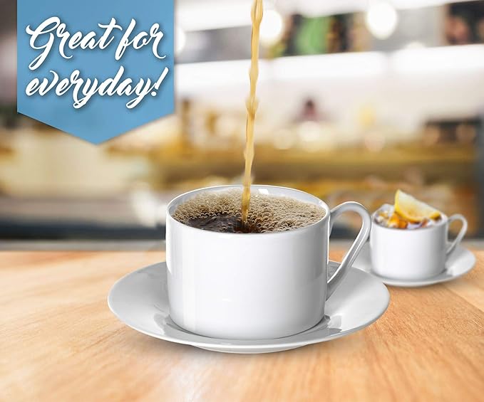 Klikel Tea Cups And Saucers Set - 6 Piece White Coffee Mug Set - 6 Inch Plates And 8.5oz Mugs - Cappuccino Cup And Saucer Set For Latte Cafe Mocha Espresso Bar