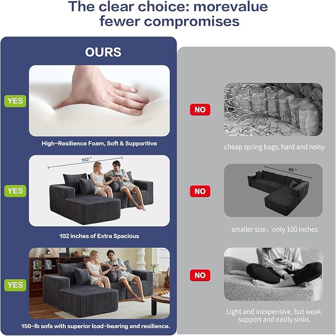 102" L-Shaped Couch for Living Room,Modular Sectional Cloud Couch with Ottoman,Boneless Sofa in A Box,Upholstered Couches for Bedroom,Beige Sofa with Oversized Chaise