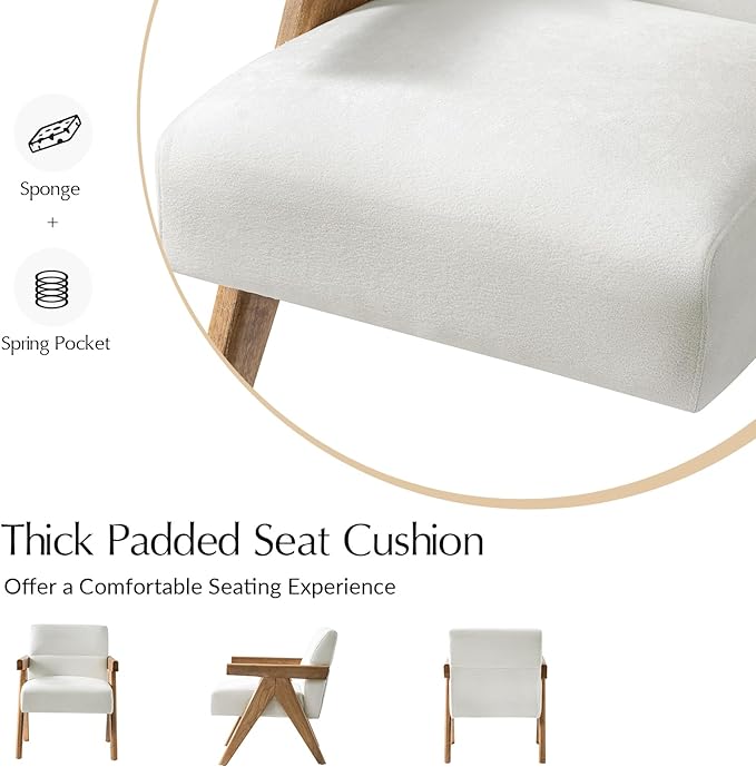 HULALA HOME Modern Accent Chair, Upholstered Arm Chair with Solid Wood Frame, Comfortable Padded Seat and Back, for Living Room, Bedroom, Ivory