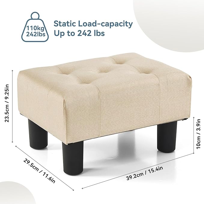 Poofzy Small Foot Stool Ottoman, Linen Ottoman Foot Rest with Legs, Rectangle Foot Rest for Couch, Footstools and Ottomans Small for Living Room and Entryway (Beige)