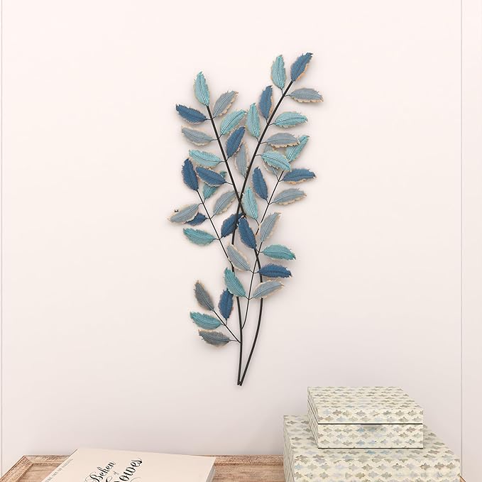 Deco 79 Metal Leaf Home Wall Decor Wall Sculpture with Gold Accents, Wall Art 15" x 1" x 32", Blue