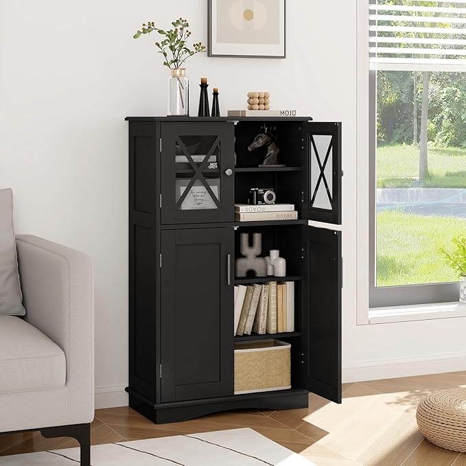 Giantex Bathroom Floor Storage Cabinet - Linen Floor Cabinet with Doors and Adjustable Shelves, Freestanding Side Storage Organizer for Bathroom, Living Room, Entryway, Kitchen Storage Unit (Black)