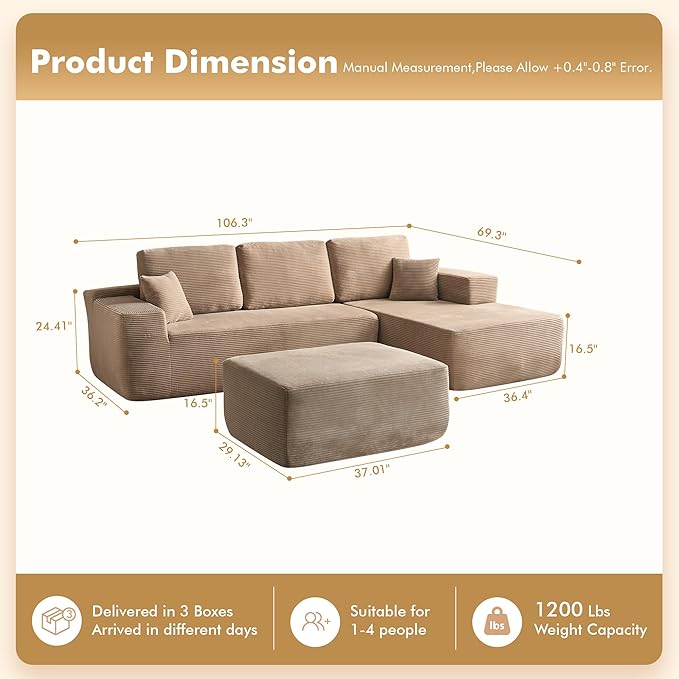 106" Cloud Sectional Couch with L-Shape Chaise & Ottoman, No Assembly Modular Sofa, Deep Seat Corduroy Boneless Couched for Living Room (Camel Stripe Corduroy, Right Facing Chaise with Ottoman)