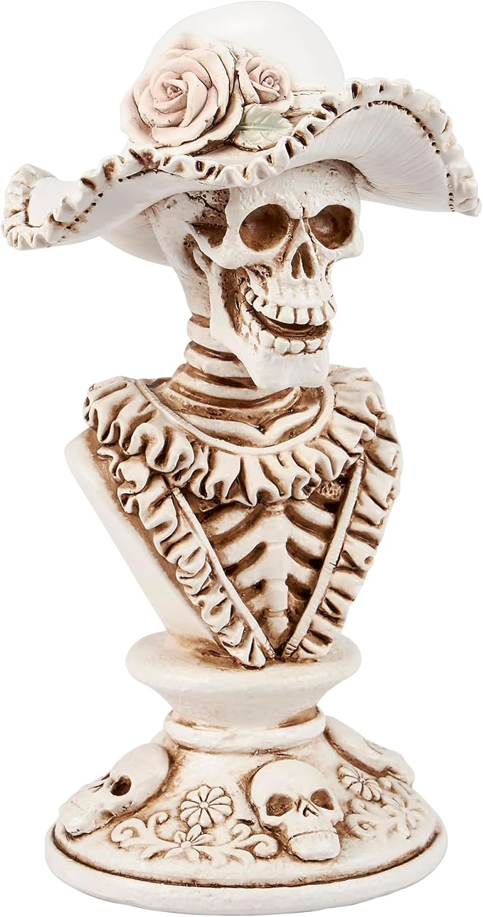 Primitives by Kathy Seasonal Home Decor Lady Skeleton Figurine - Resin, Off White and Bronze, Halloween