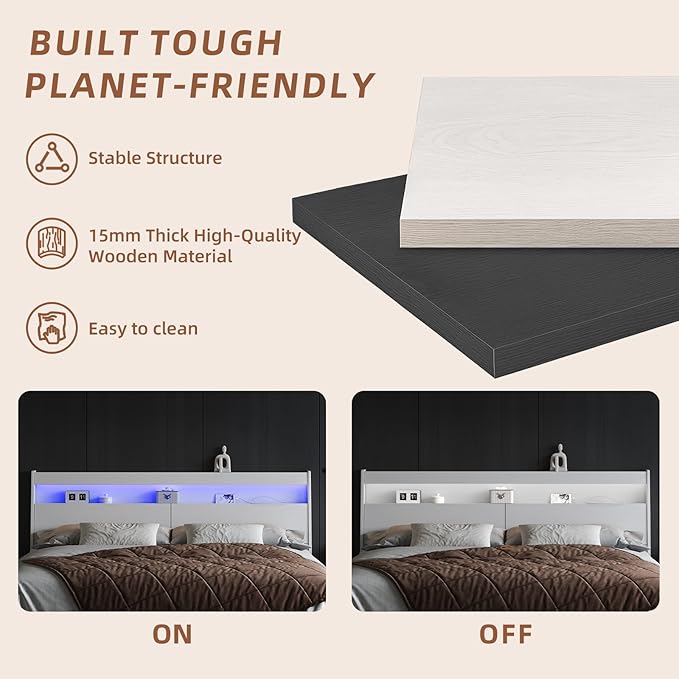 Modern Wooden Headboard with Storage, LED Light, Power Outlets, 2 USB Ports, Black, Skirting Groove (White, Queen)