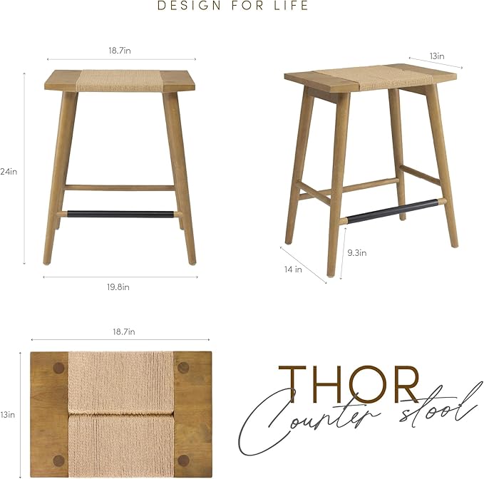 Thor Wicker Premium Solid Wood Counter Stool 24", Backless Counter Height Seating with Hand-Knitted Rope, Eco-Friendly Modern Design (Light Brown)