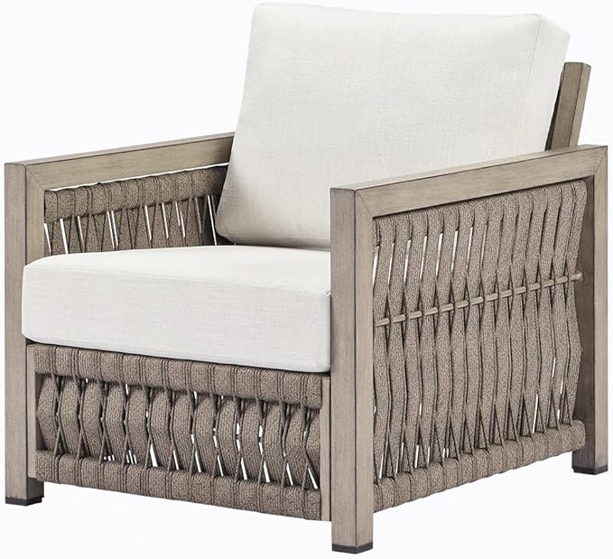 Patio Chair, Outdoor Aluminum Chair with Thick Washable Cushions, Rope Weave Outdoor Armchair Furniture Patio Sofa Armchair, Deep Seating Outside Furniture for Garden, Porch, Balcony, Gray Oak
