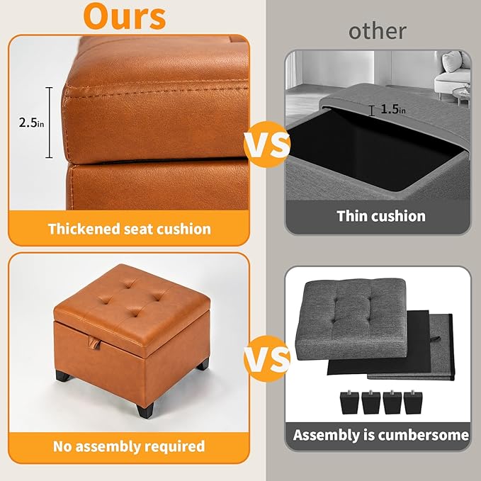 Asense 17 Inch Storage Ottoman Foot Rest,Square Faux Leather Foot Stool,Small Ottoman with Storage,Padded Seat for Entryway,Living Room,Bedroom,Couch,Under Desk,Brown