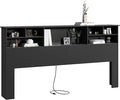 King Size Headboard only for Bedroom, Stylish King Bookcase Headboard with Built-in Charging Station & 2 LED Lights, Noise-Free Wood HeadBoard with Storage, Bookshelf Headboards Black
