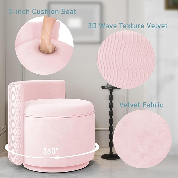 360° Swivel Accent Chair with Storage, Vanity Stool with Back, Velvet Storage Ottoman, Upholstered Round Barrel Vanity Chair for Living Room, Makeup Room, Bedroom (Pink)