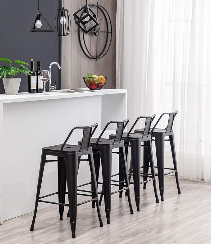 HAOBO Home 30" Low Back Metal Counter Stool Height Bar Stools [Set of 4] for Indoor/Outdoor Barstools, Matte Black