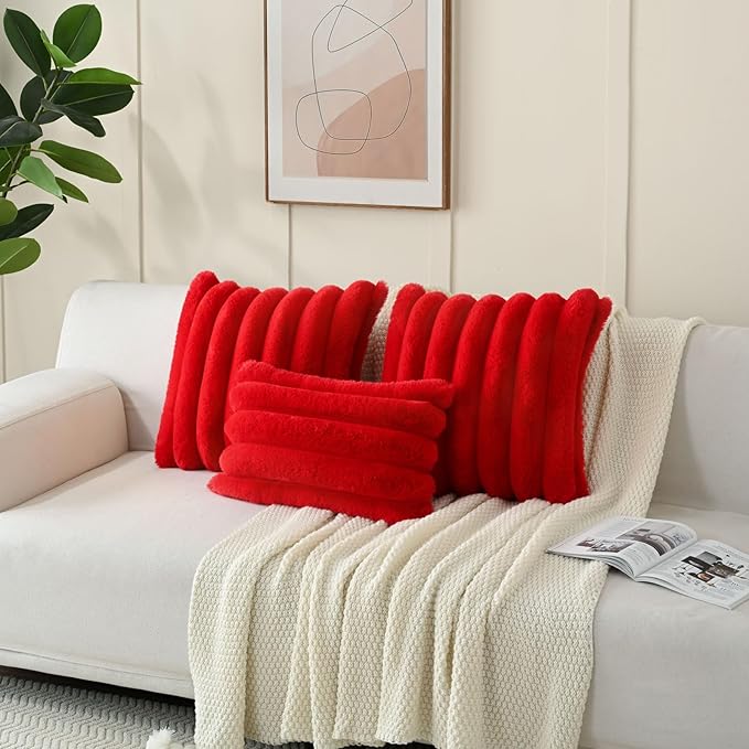 FUTEI Christmas Red Decorative Throw Pillow Covers 12x20 Inch Set of 2, Square Soft Faux Rabbit Fur Thick Striped Lumbar Pillow Case,Winter Home Decor for Couch Bed Living Room