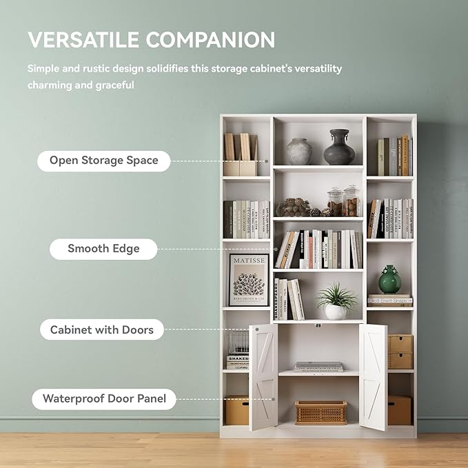 MXV 74" Tall Bookshelf, White Bookcase with Doors and Storage Space, Large Display Shelf for Home & Office, Living Room, Bedroom, Kitchen