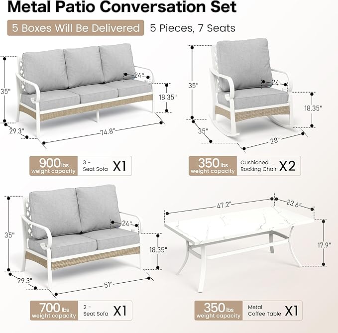5 PCS Metal Outdoor Patio Furniture Set, Patio Conversations Sets 3-Seater Couch, 2-Seater Sofa, 2 Rocking Sofa with 5.75" Thick Cushion and Coffee Table White Backyard Furniture, Gray