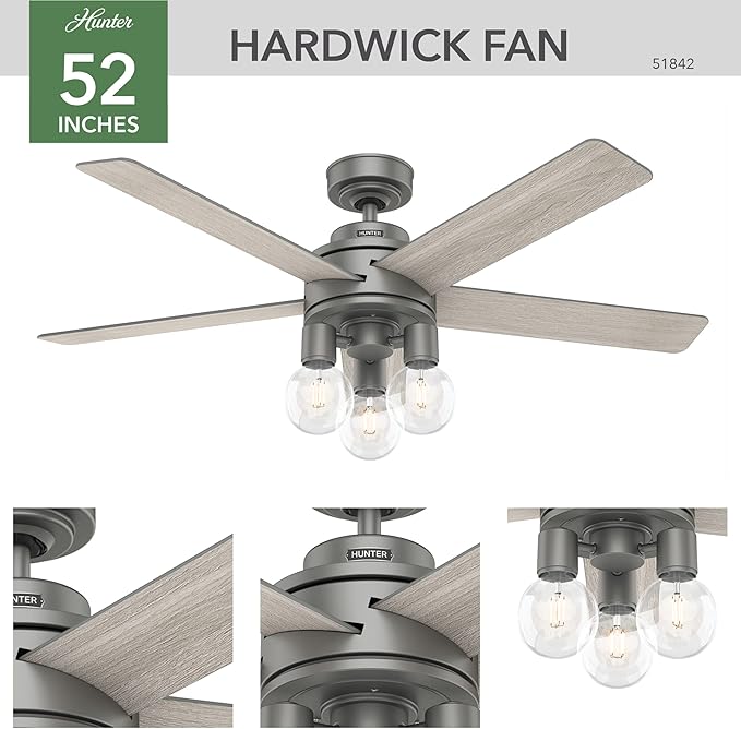 Hunter Fan Company, 51842, 52 inch Hardwick Matte Silver Ceiling Fan with LED Light Kit and Handheld Remote