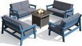SERWALL Patio Furniture Set with 33” Fire Pit Table, HDPE Outdoor Sectional Sofa Set with Thickened Cushions, Blue Frame with Grey Cushions