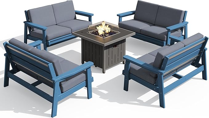 SERWALL Patio Furniture Set with 33” Fire Pit Table, HDPE Outdoor Sectional Sofa Set with Thickened Cushions, Blue Frame with Grey Cushions