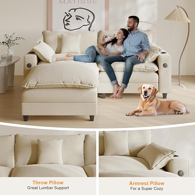 Cloud Couch, Modular Sectional Sofa with Ottoman, Charging Station, Throw Pillows, Cup Holders, Modern Convertible L Shaped Couches for Living Room, Bedroom (White, 80.7"- L Shape)