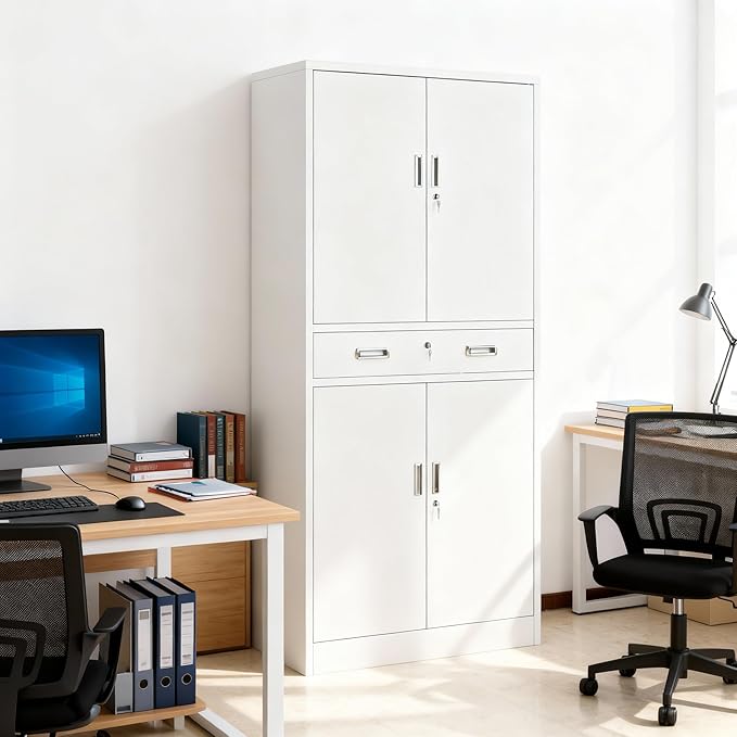 BESFUR Metal Cabinet, Garage Storage Cabinet with Drawer and Adjustable Shelves for Garage, Office, School - White