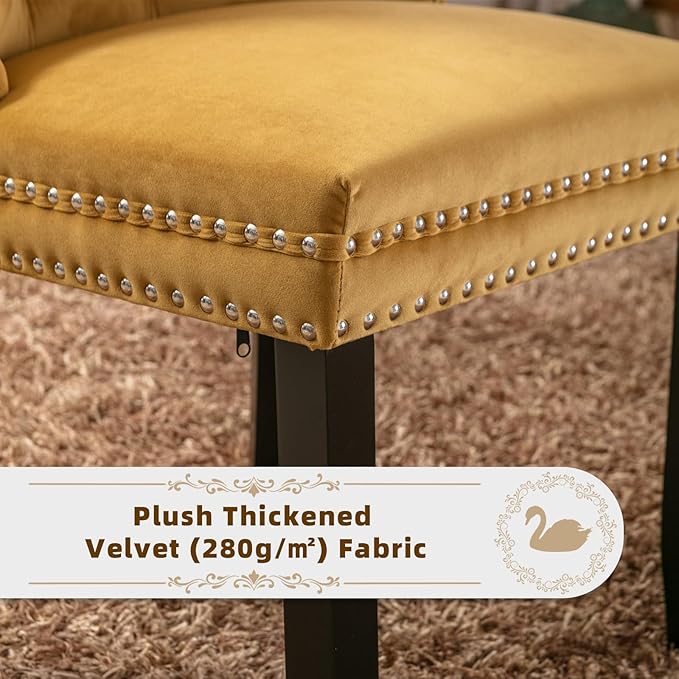 Velvet Upholstered Dining Chairs Set of 6, Modern Style Kitchen Side Chairs with Nailhead Trim and Wood Legs,Metal Pulling Ring for Dining Room Living Room(Gold,Set of 6)
