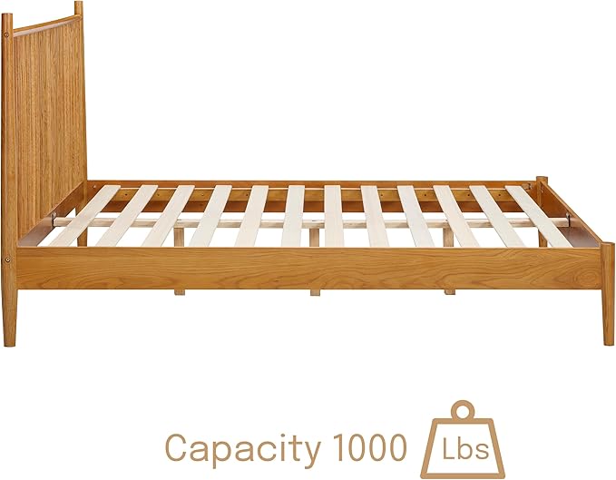 NTC Inno Wooden Bed Frame with Headboard, Solid Oak and Rubber Wood Foundation with Silent Slats and Wood Central Supports, 1000 Lb Capacity, Effortless Assembly, King - Rustic Oak