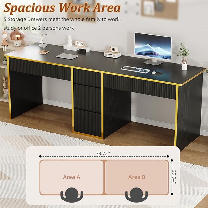 4 EVER WINNER 78.72‘’ Extra Long Black Desk with Drawers, 2 Person Desk with 5 Storage Drawers, Computer Desk with Storage Shelves,Double Desks Workstation with Shelf for Home Office, Black