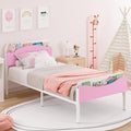Timy Kids Twin Bed Frame with Bookcase Headboard and Footboard, Metal Platform Bed Frame for Boys Girls Teens, No Box Spring Needed, White and Pink