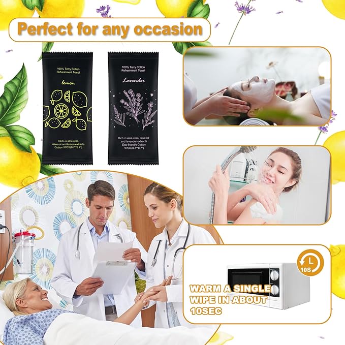 Moist Cotton Towel Bulk Moist Towelettes Individually Wrapped 8.7" x 8.7",White Towel Services,Refreshment Pre Moistened Towels Lavender and Lemon Scent for Travel Sport Party Spa Dentist Hote400