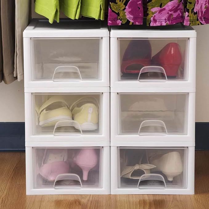 Sterilite 18-Pack Stacking Drawers, Clear Storage Closet Organizer, White Frame, 6 Quart