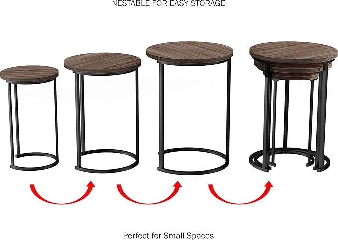 Lavish Home 6-Piece Nesting Tables – Set of 6 Round Side Tables with Woodgrain-Look Tops and Black Metal Frames – Modern Accent & End Table Set for Living Room, Bedroom, or Home Office (Gray/Brown)