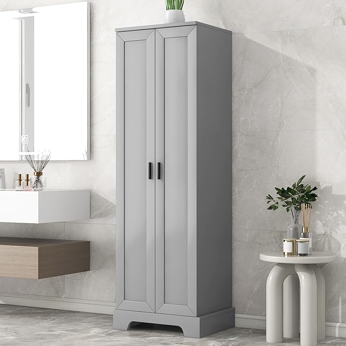 Tall Freestanding Storage Cabinet, Multi-Purpose Floor Organizer with 2 Doors & 5 Adjustable Shelves for Bathroom, Office, Living Room, Grey