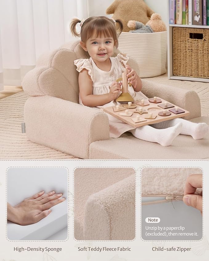 Blissful Diary Kids Couch, 2-in-1 Soft Toddler Couch Fold Out, Toddler Chair Comfy, Convertible Sofa to Lounger, Kids Furniture for Playroom, Gift for Birthday, Children's Day, Beige Shell
