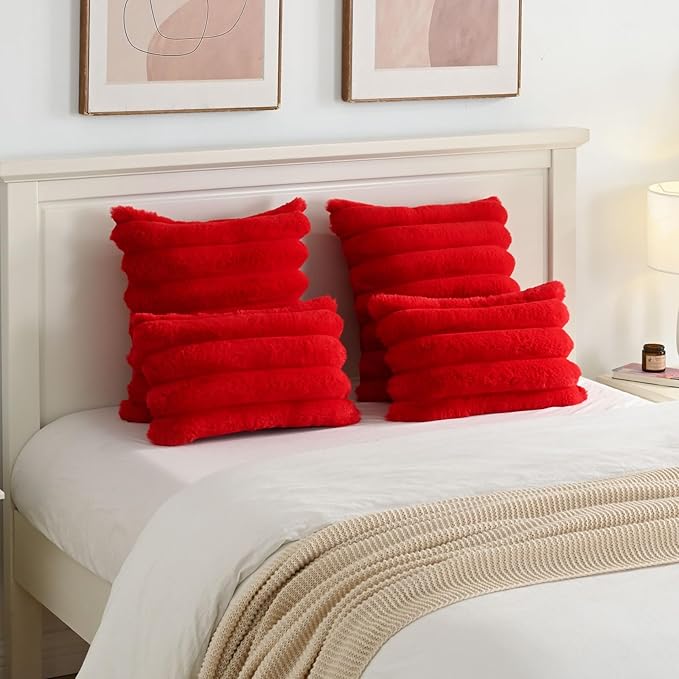 FUTEI Christmas Red Decorative Throw Pillow Covers 20x20 Inch Set of 2, Square Soft Faux Rabbit Fur Thick Striped Cushion Cover,Winter Home Decor for Couch Bed Living Room
