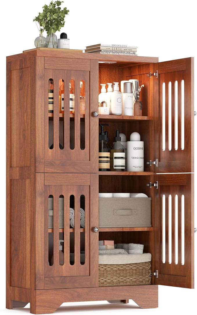 PARTPHONER Bathroom Floor Storage Cabinet with Cabinet Lights, Modern Storage Cabinet with 4 Doors and Adjustable Shelves, Buffer Hinges, Walnut Pantry Cabinet for Living Room & Kitchen